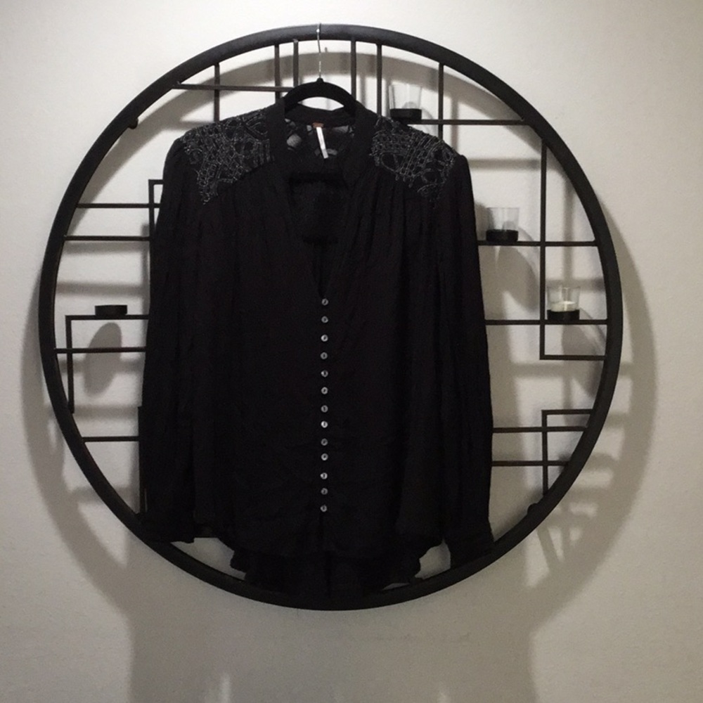 Free People Black/Silver Embroidered Top